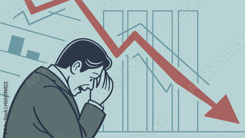 Stressed businessman facing financial downturn illustrated.