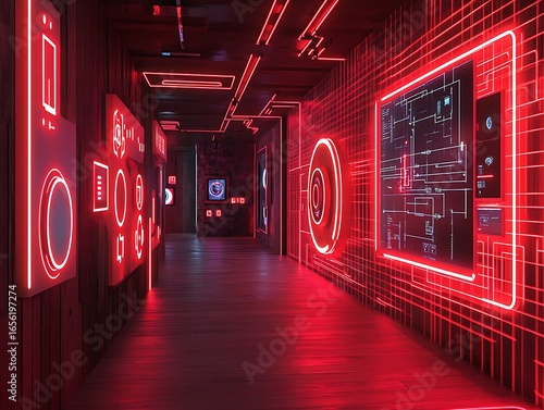Urban tech playground with red neon sensors and interactive digital wall displays