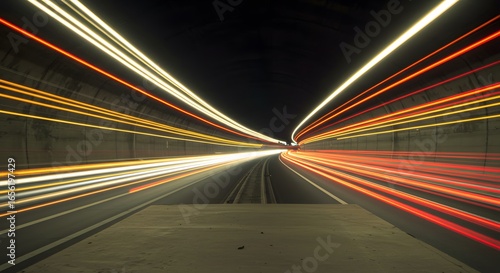 Inside a highway tunnel with headlights and taillights forming light trails