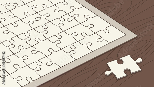 Unfinished White Jigsaw Puzzle with One Piece Separated.