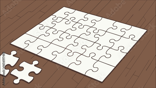 Unfinished Jigsaw Puzzle on Wooden Floor.