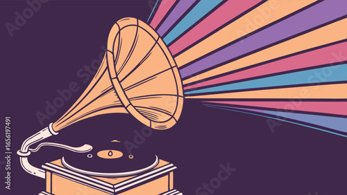 Retro Vintage Record Player with Colorful Rays.