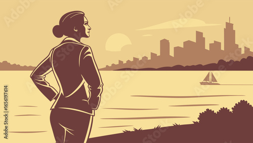 Woman in Suit Looking at City Silhouette.