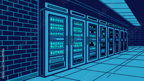 Row of Modern Data Center Servers in a Brick Room.
