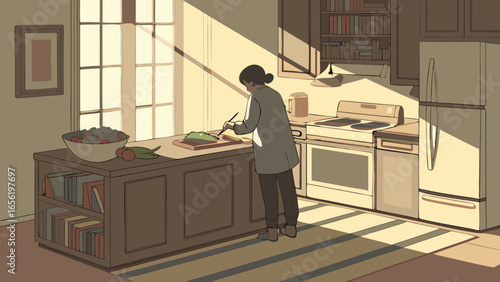 Woman Preparing Food in Sunlit Kitchen.