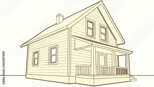 Simple Line Drawing of a House with Porch.