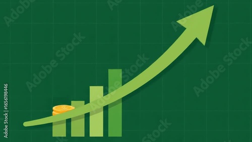 Coin animation sequence showing piggy bank transforming into fluctuating graph and growth arrow