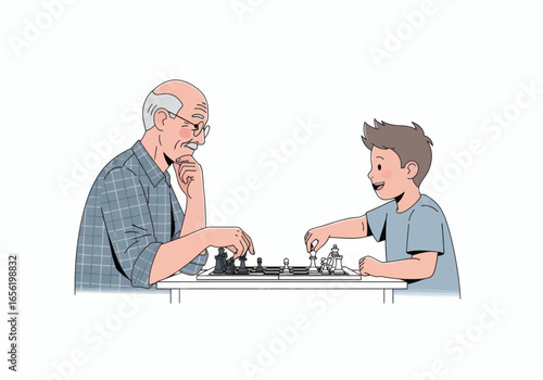 Grandfather teaches grandson chess strategy fostering bonds and cognitive skills in a fun learning environment