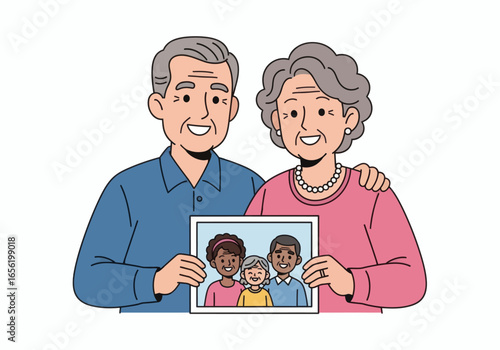 Happy grandparents proudly display cherished family portrait, celebrating generations of love and connection