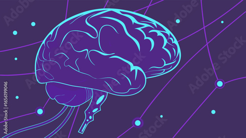 Stylized Brain Illustration with Neural Network Connections in Purple and Cyan.