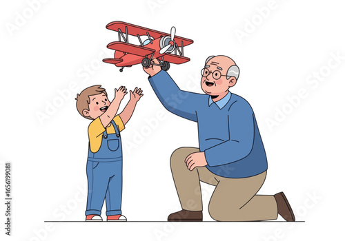 Joyful grandfather shares airplane play with excited grandchild, creating cherished family memories.