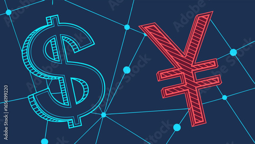Stylized Dollar and Yen Currency Symbols Illustration.