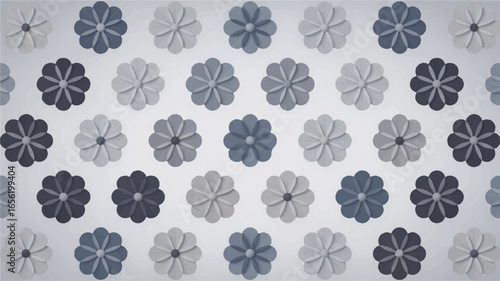 Monochrome Floral Pattern Backdrop in Shades of Gray and Blue with Decorative Paper Flowers Arrangement Design
