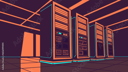 Stylized Illustration of a Server Room with Orange and Teal Servers.