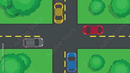 Crossroad with cars, intersection, traffic laws, rules. Urban infrastructure, city map.top view. Four car ways crossing,  Vector illustration, flat design.