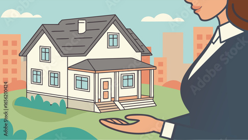 Suburban House Model Presented by Real Estate Agent.