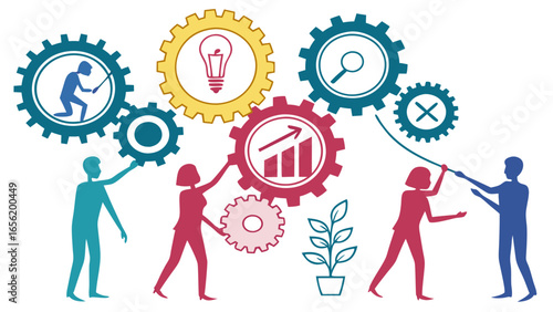 Teamwork and Interconnected Gears Representing Business Growth and Problem Solving.