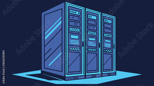 Three Blue Server Racks in a Data Center Illustration.