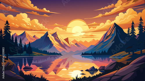 very beautiful Stunning Mountain Sunset Over Serene Lake with Golden Light and Cloudy Sky Reflecting on Water - Breathtaking Scenery for Nature and Landscape Lovers