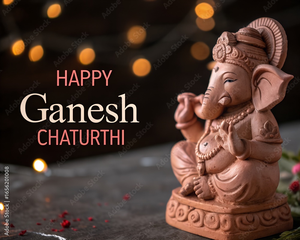 Fototapeta premium Happy Ganesh Chaturthi poster, Ganesh Chaturthi concept, Indian festival Ganesh Chaturthi banner with lord ganesh statue