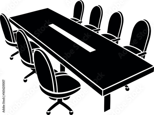 A stark black and white illustration of a boardroom scene and furnishings