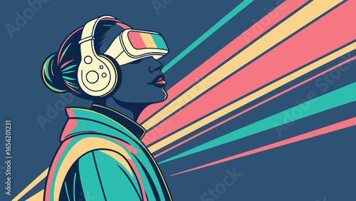 Woman with VR Headset and Headphones in Retro Style Illustration.