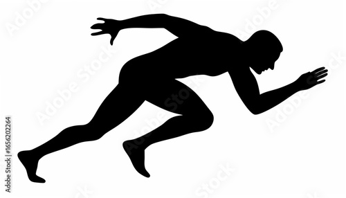 Silhouette of a runner in starting position with arms extended and legs ready to launch forward on white