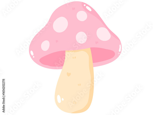 Kawaii pink mushroom cartoon with a pastel polka-dot cap and glossy highlights in a minimal flat style