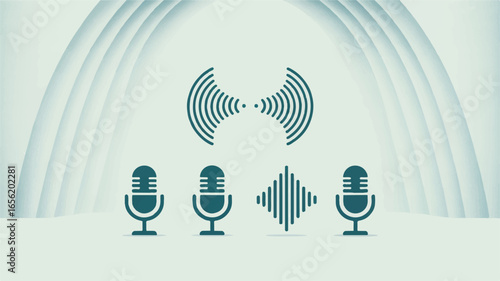 Podcast and Voice Communication Technology Illustration with Microphone and Sound Wave Symbols in Teal Tones