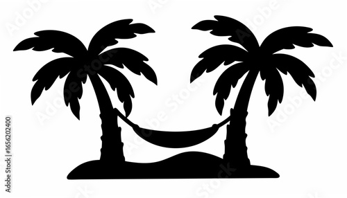 Silhouette of two palm trees with a hammock stretched between them on a small island in black and white