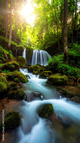 Sunlight streams through lush forest on a cascading waterfall