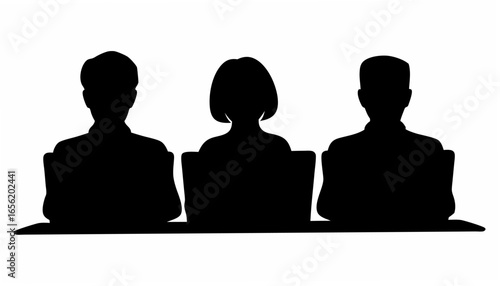 Silhouette of three people sitting in a row with their backs facing the viewer in black and white style