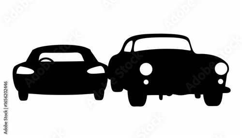 Two cars in silhouette one smaller and one larger parked next to each other facing the viewer head on