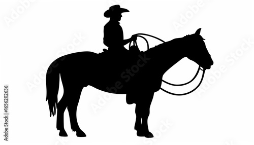 Silhouette of a cowboy on horseback wearing a hat with a lasso in a black and white illustration