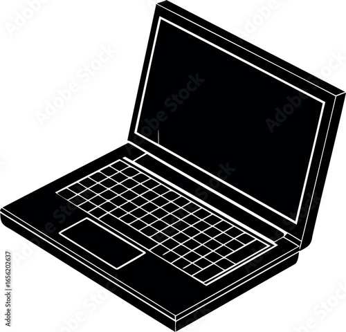 A minimalist black and white image of an open laptop from above