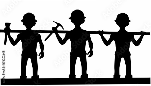 Three silhouetted figures wearing hard hats carrying tools on their shoulders in black and white style