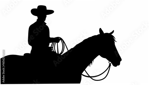 Silhouette of a cowboy with a hat riding a horse holding a lasso against a white background scene
