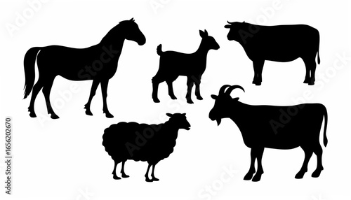 Silhouette illustration showing a horse, a cow, two goats, and a sheep standing on a white background