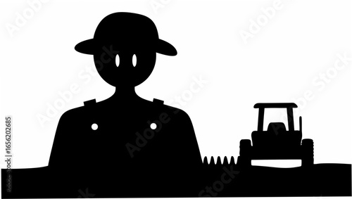 Silhouette of a farmer with hat and overalls standing next to a tractor in a field landscape view