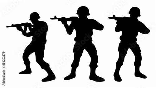 Three black silhouettes of soldiers holding rifles and wearing helmets in a white background scene