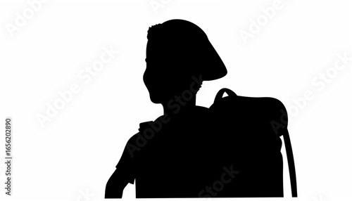 Silhouette of a person with a hat and backpack facing left with a white background on a white background