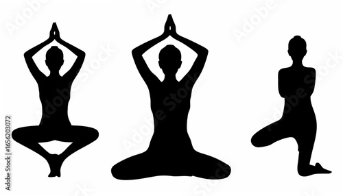 Silhouette of three figures in different yoga poses with hands raised and balanced postures shown clearly