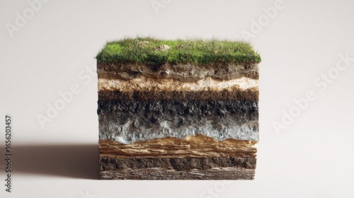 3d render illustration of cross section of ground with grass isolated on white. Podium with underground layers of Soil, earth, rock. Environment or Land Surveying banner cooncept
