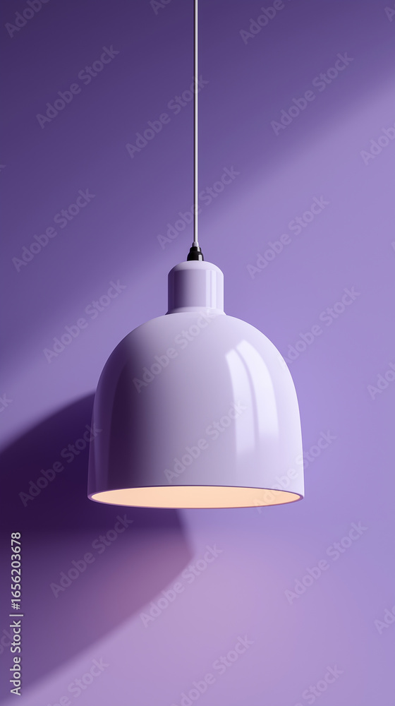 Fototapeta premium Minimalist Interior With White Pendant Lamp And Small Vase Against Purple Wall: Modern Home Decoration With Soft Shadows And Simple Design