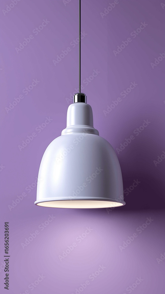 Fototapeta premium Minimalist Interior With White Pendant Lamp And Small Vase Against Purple Wall: Modern Home Decoration With Soft Shadows And Simple Design