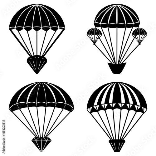 Four black and white parachute illustrations with different designs and suspension line arrangements shown