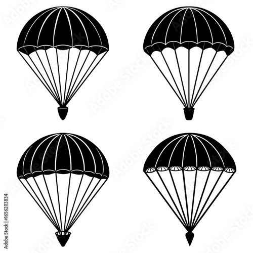 Four black and white parachute icons in a square arrangement on a white background design element