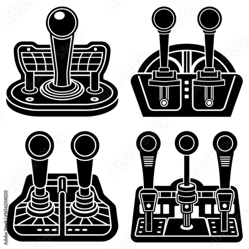 A collection of four different styles of black and white joysticks and control levers in a vector format