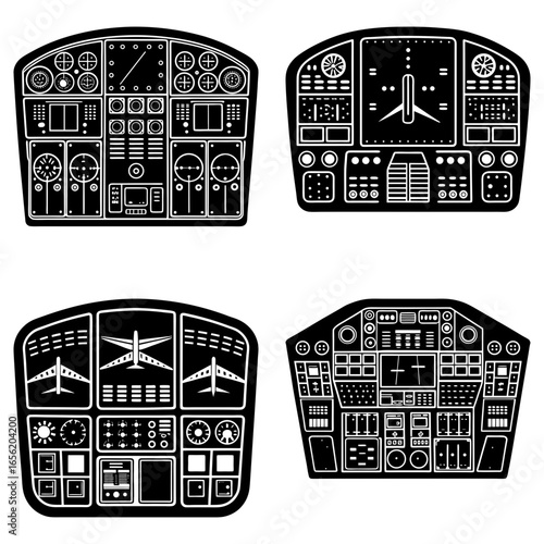 Illustration of four different aircraft cockpit instrument panels in black and white vector format