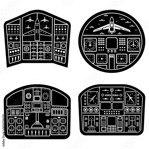 Illustration of four airplane cockpit dashboards with various gauges and controls in black and white